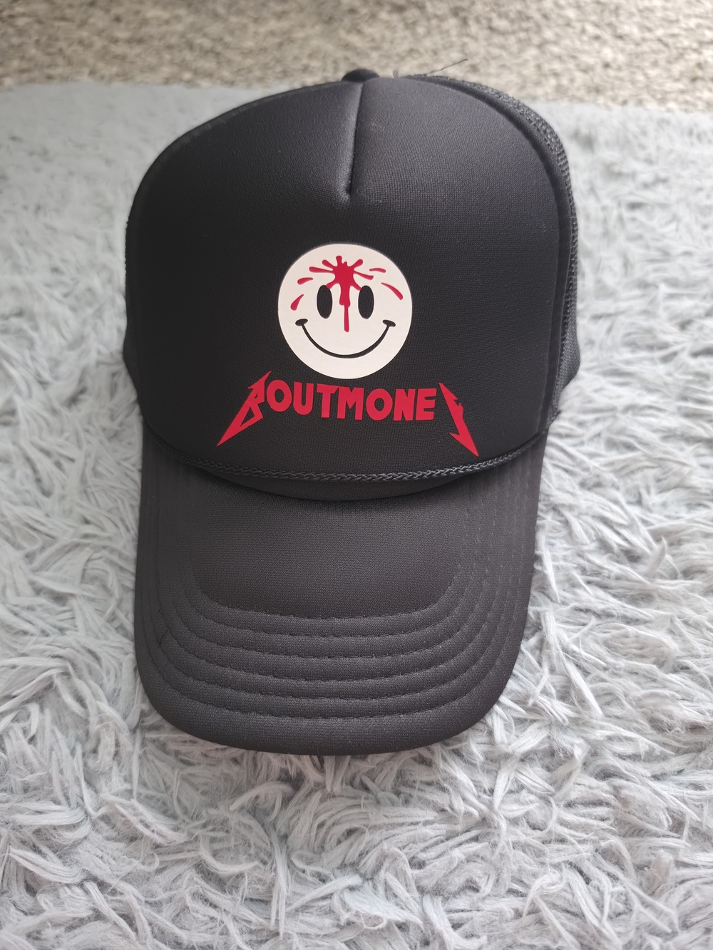 OTTO Black/Red/White Trucker Hat, One Size, Adjustable, Mesh Back, Smiley Logo